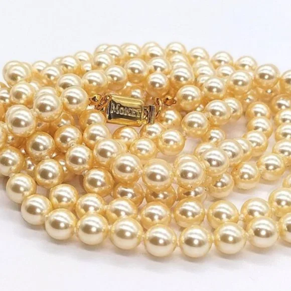 1970s 60" MONET Vintage Oyster Cream Knotted Glass Pearl Necklace-Rare-Unworn! - Picture 3 of 7